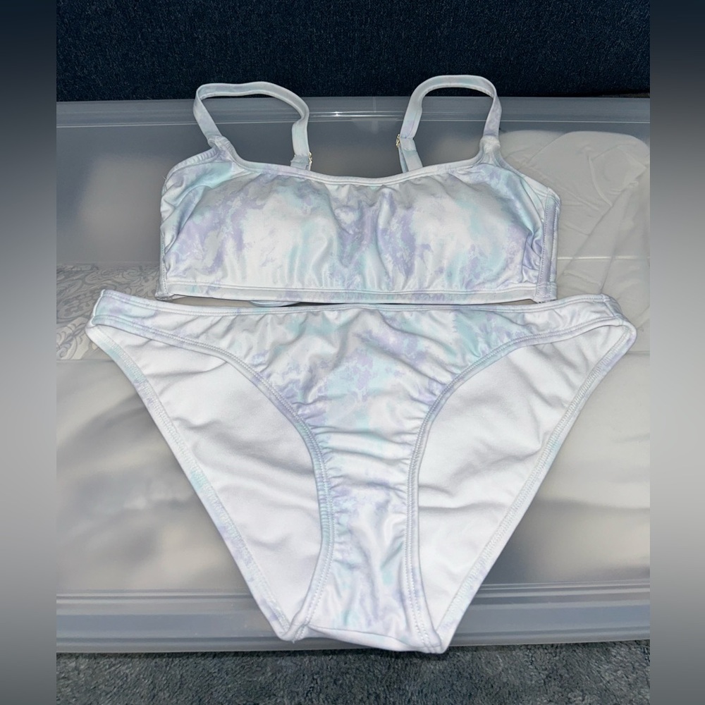 pastel blue and purple tie dye swimsuit